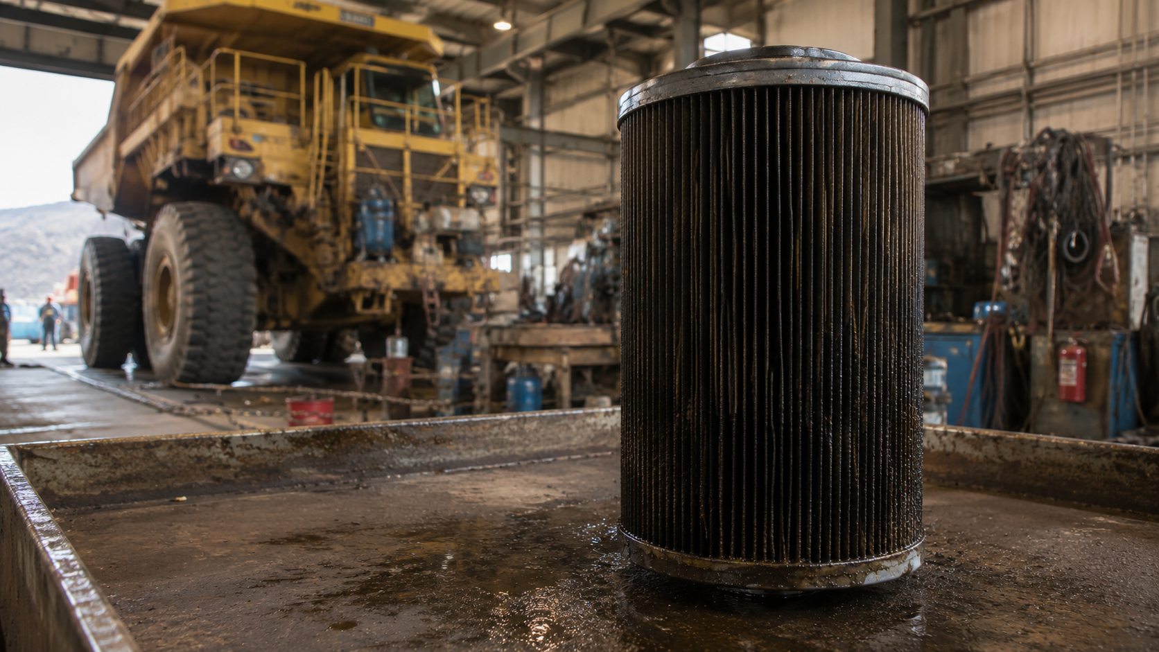 Large contaminated diesel fuel cartridge filter removed during mining equipment maintenance in a heavy vehicle workshop.