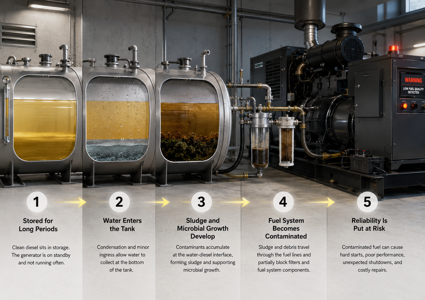 Five-step visual showing how stored diesel reliability problems develop in backup generator fuel systems, from long-term storage and water ingress to sludge, microbial growth, filter contamination and generator reliability risk.