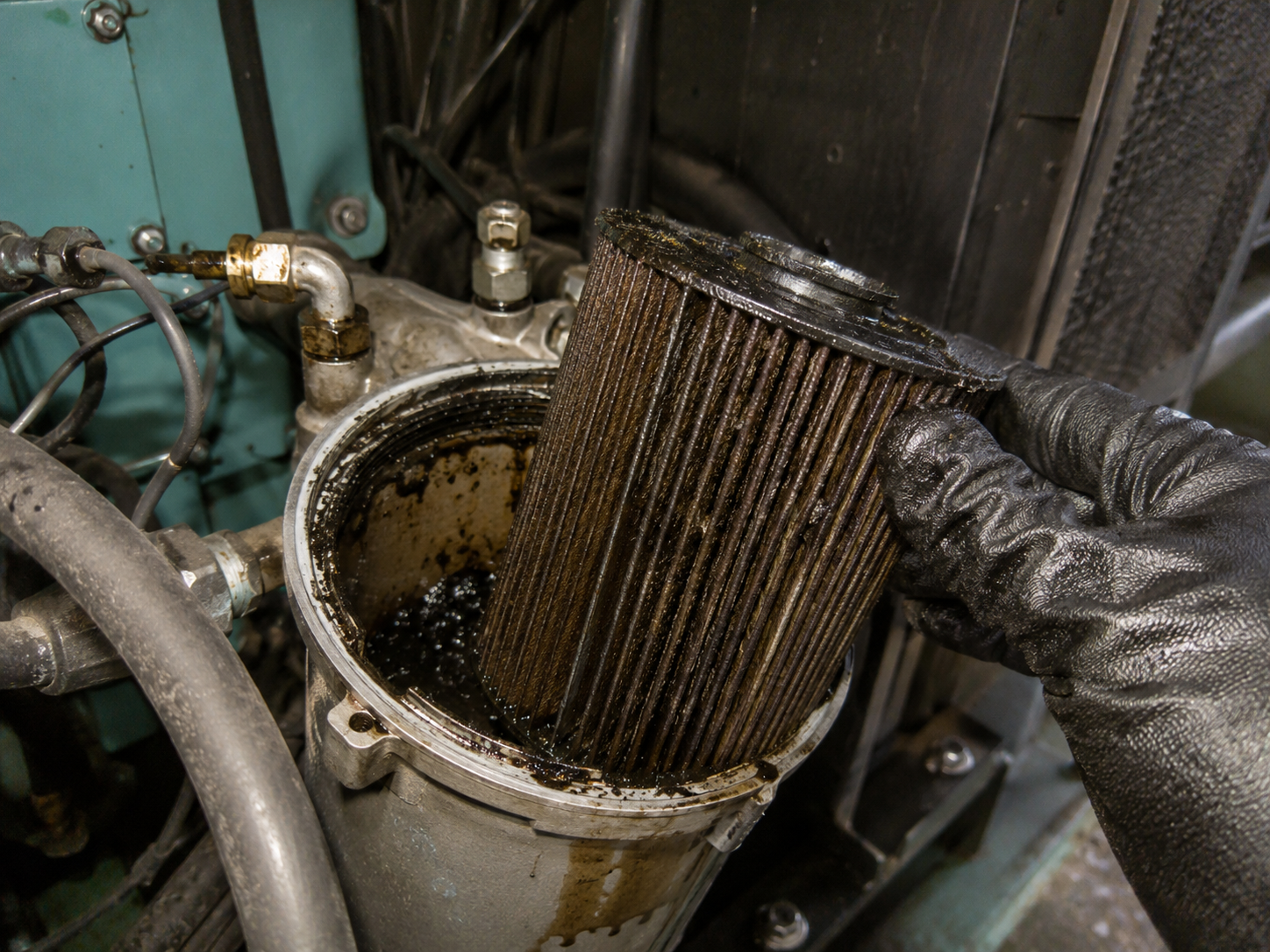 Technician removing a heavily contaminated diesel fuel filter from an open filter housing, showing dark sludge, sediment and degraded fuel deposits inside the fuel system.