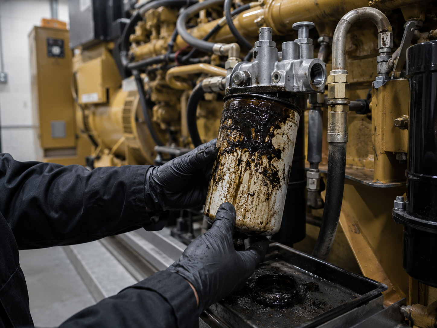 Technician removing a sludge-contaminated industrial diesel fuel filter from a generator fuel system, showing dark deposits, fuel residue and filter contamination during maintenance.