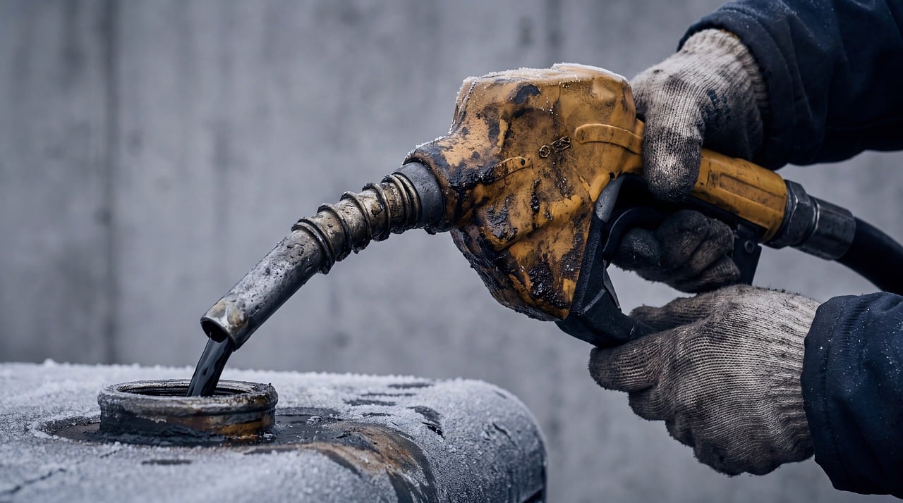 pump, fuel, tank, oil, winter, nozzle, rubber, hand, dirty, cold, steel, liquid, industry, furry, insulation, work, iron, hands, hard work, clothing
