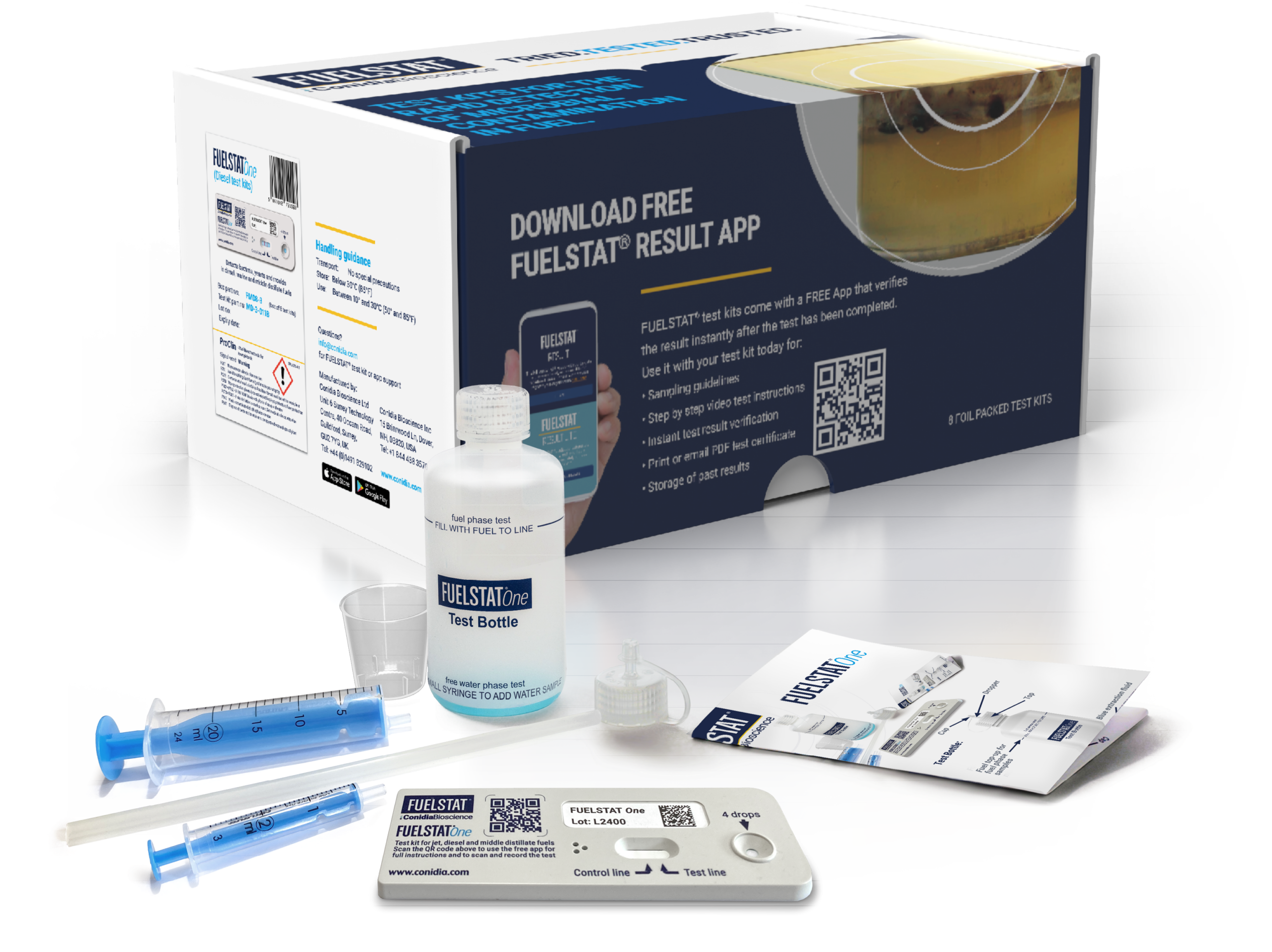 Conidia FUELSTAT One box of eight microbial fuel tests with test kit, representative of the One range